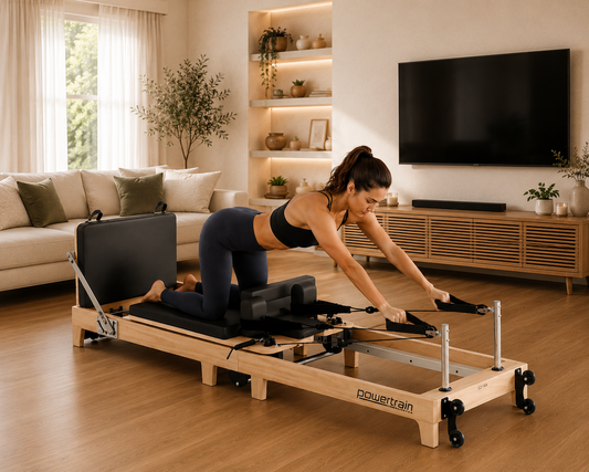 Powertrain Selina Pilates Reformer Machine Wooden Folding Multifunctional Home Gym Equipment with Jumpboard & Sitting Box Oak Black
