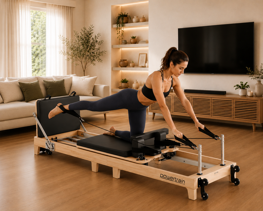 Powertrain Selina Pilates Reformer Machine Wooden Folding Multifunctional Home Gym Equipment with Jumpboard & Sitting Box Oak Black