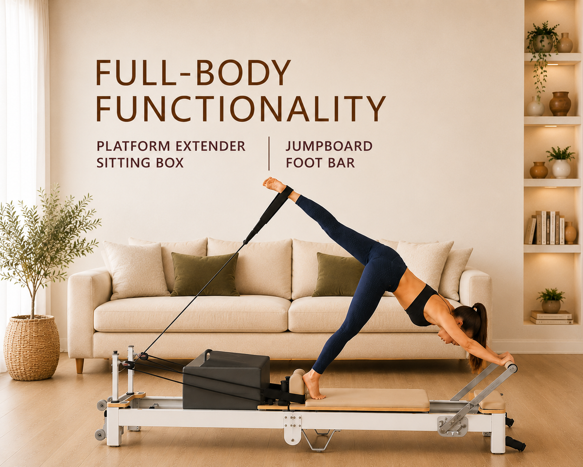 Powertrain Selina Pilates Reformer Machine Wooden Folding Multifunctional Home Gym Equipment with Jumpboard & Sitting Box Oak Black