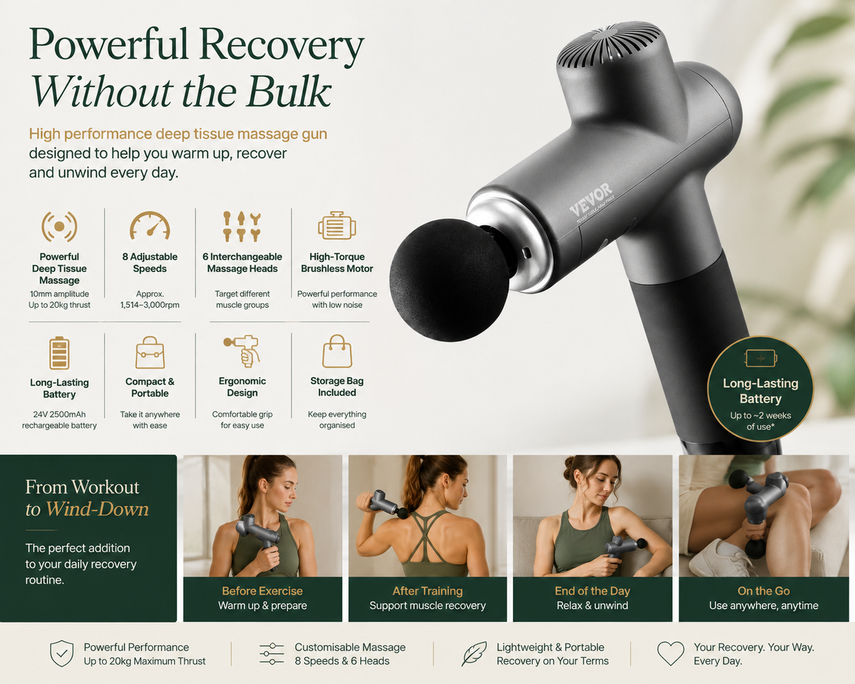Deep Tissue Massage Gun - 8 Speeds and 6 heads - VEVOR