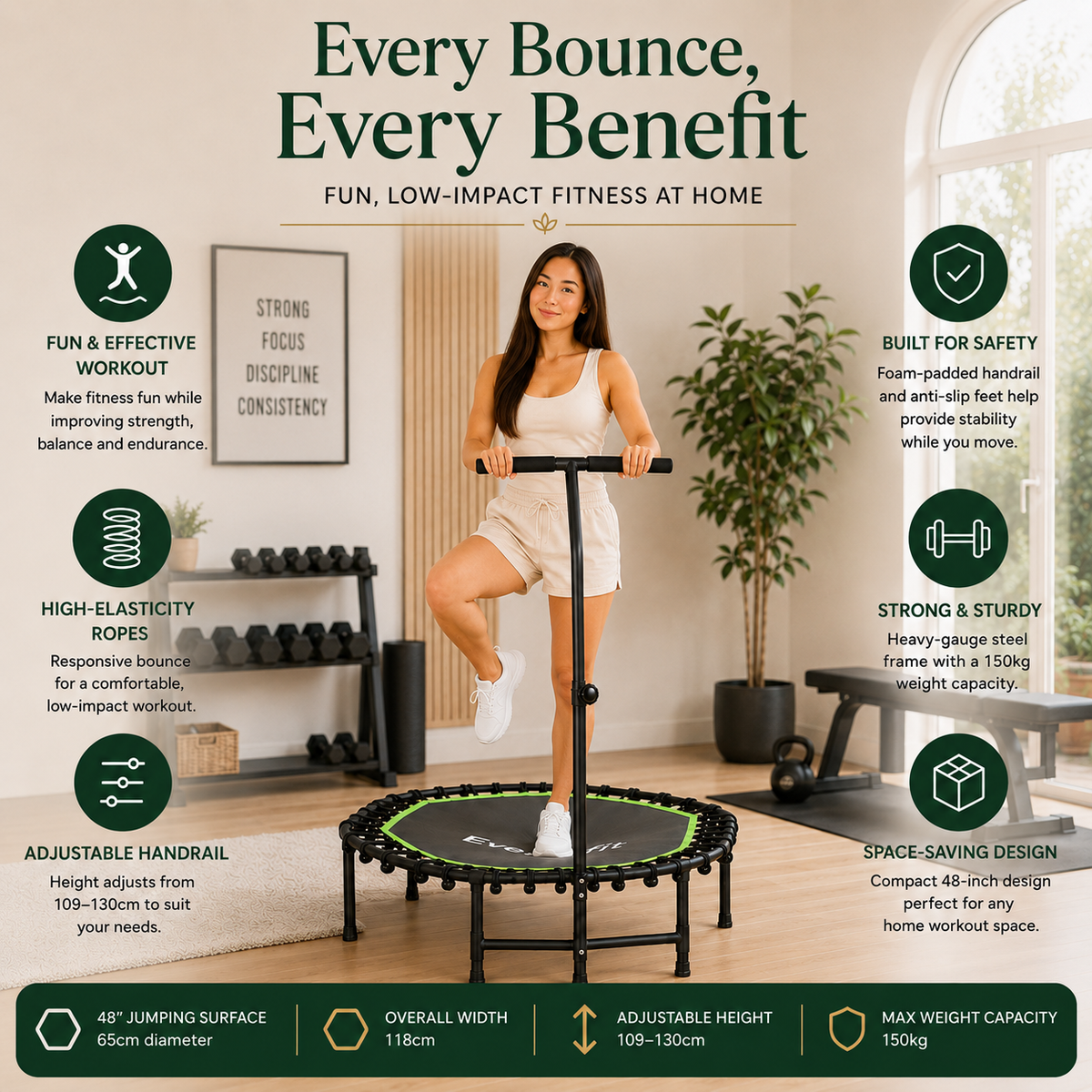 Everfit 48-Inch Fitness Trampoline with Adjustable Handrail - Green