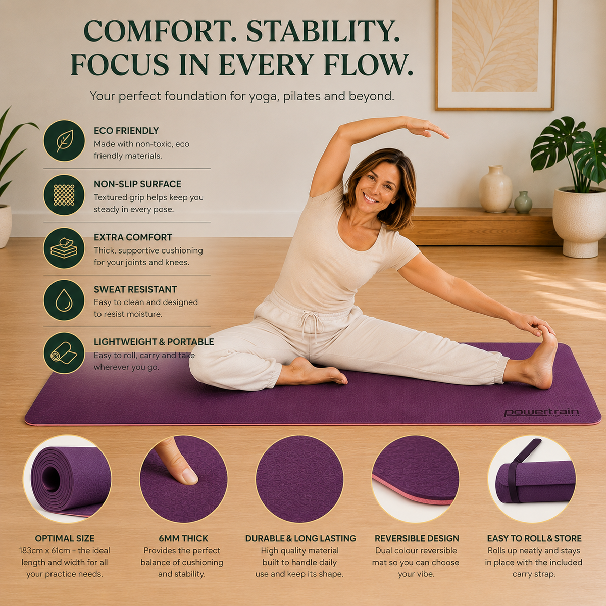 Exercise Mat with carry strap - Dark Purple