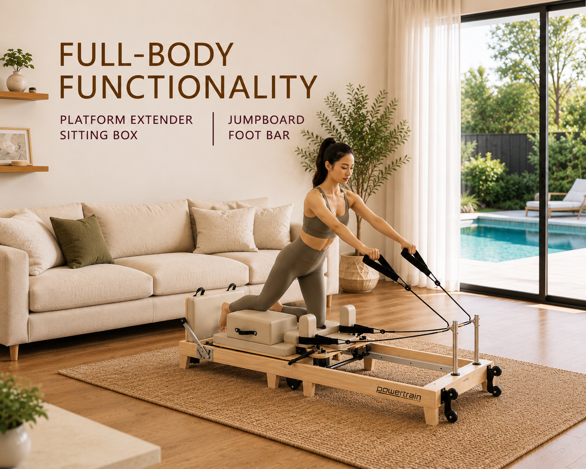 Powertrain Selina Pilates Reformer Machine Wooden Folding Multifunctional Home Gym Equipment with Jumpboard & Sitting Box Oak Beige