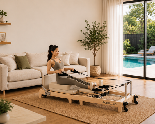 Powertrain Selina Pilates Reformer Machine Wooden Folding Multifunctional Home Gym Equipment with Jumpboard & Sitting Box Oak Beige