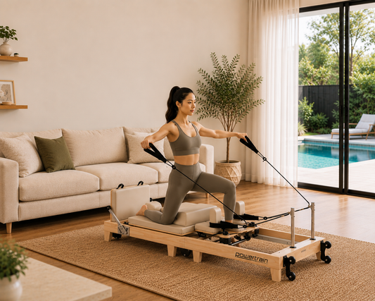 Powertrain Selina Pilates Reformer Machine Wooden Folding Multifunctional Home Gym Equipment with Jumpboard & Sitting Box Oak Beige