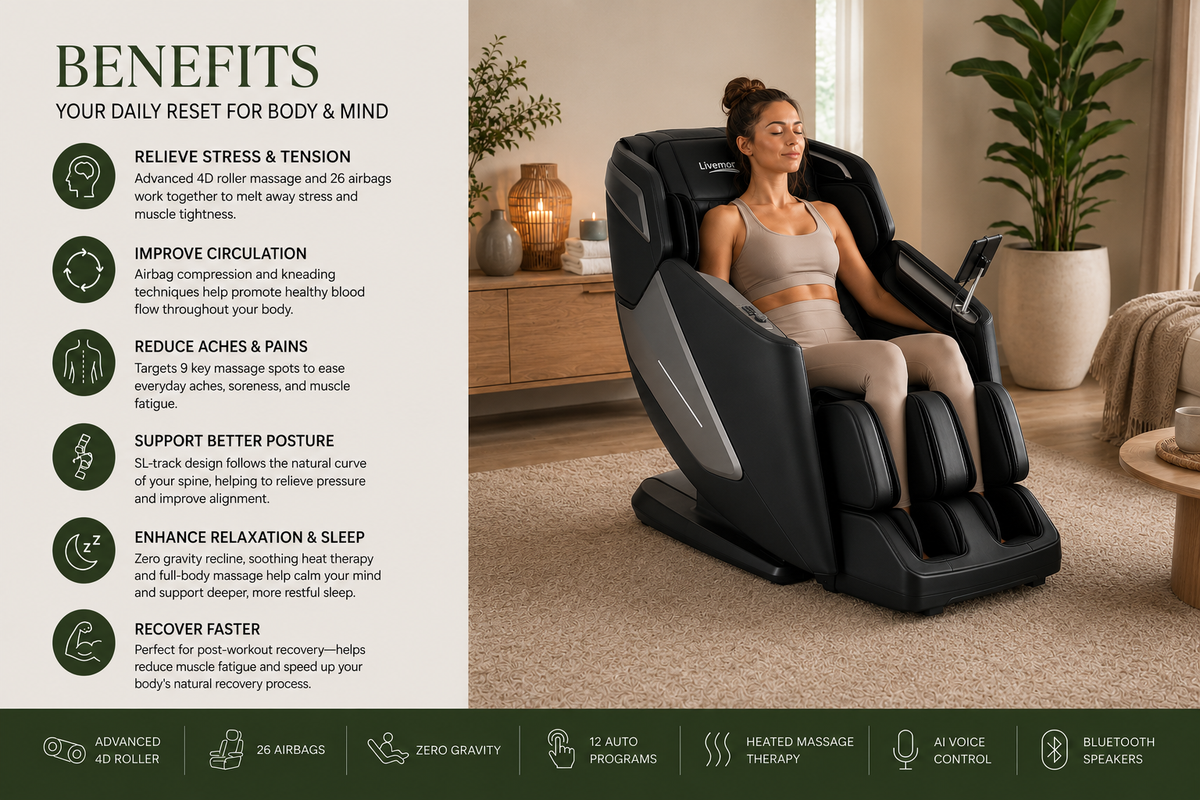 Livemor 4D Luxury Massage Chair with Zero Gravity, Heat & Bluetooth Speakers - REILY