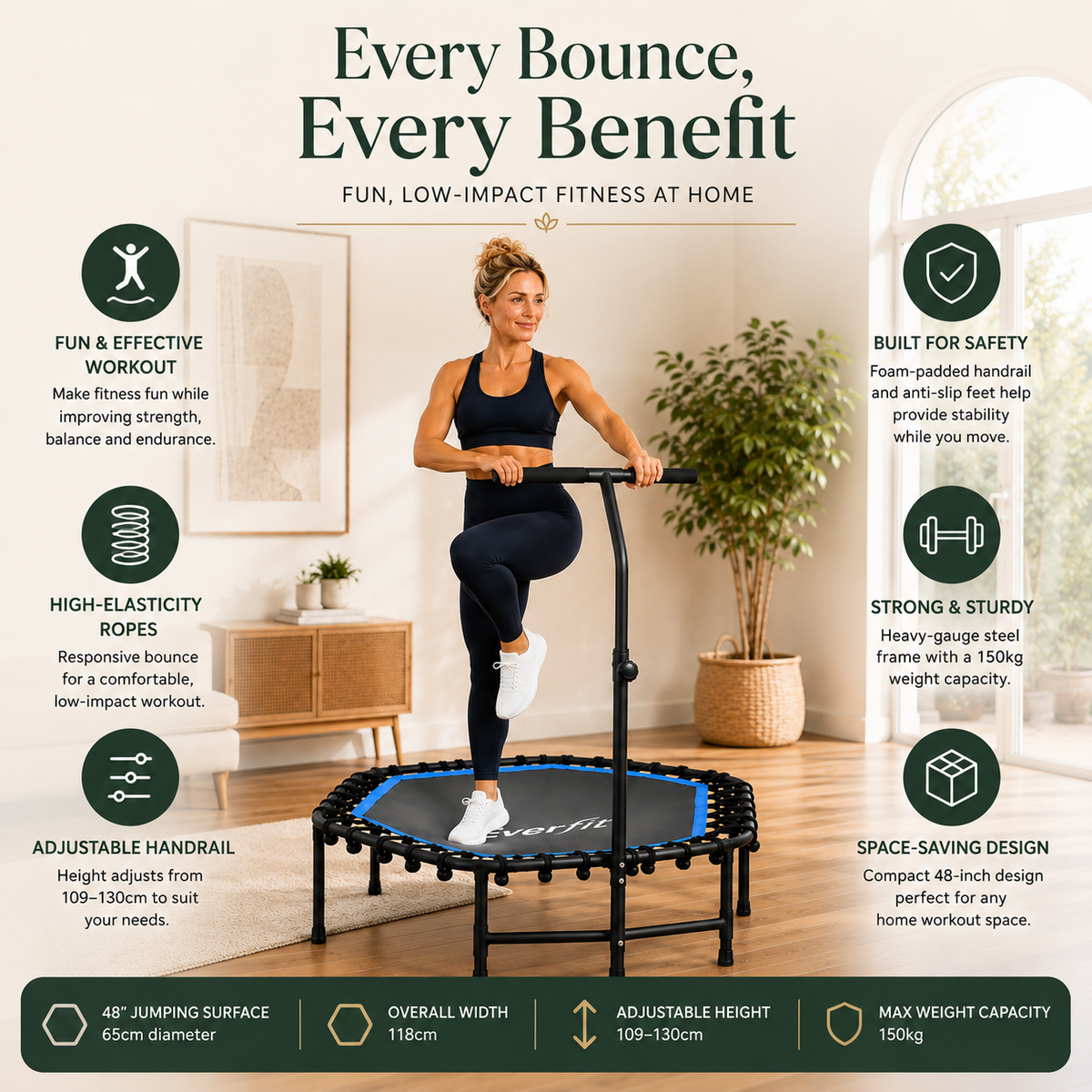 Everfit 48-Inch Fitness Trampoline with Adjustable Handrail - Blue