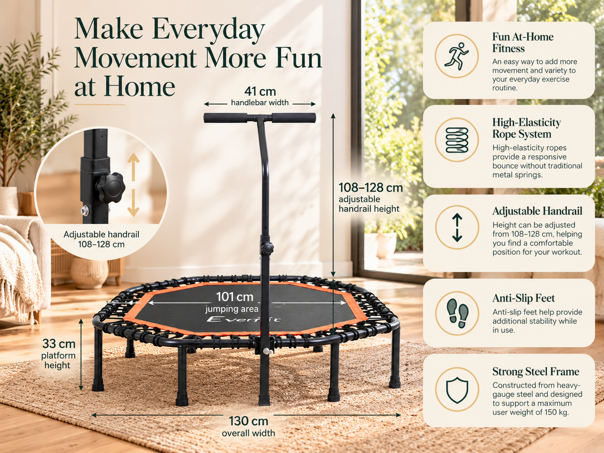 Everfit 51-Inch Fitness Trampoline with Adjustable Handrail - Orange