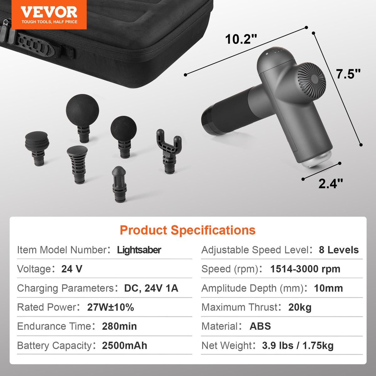 Deep Tissue Massage Gun - 8 Speeds and 6 heads - VEVOR